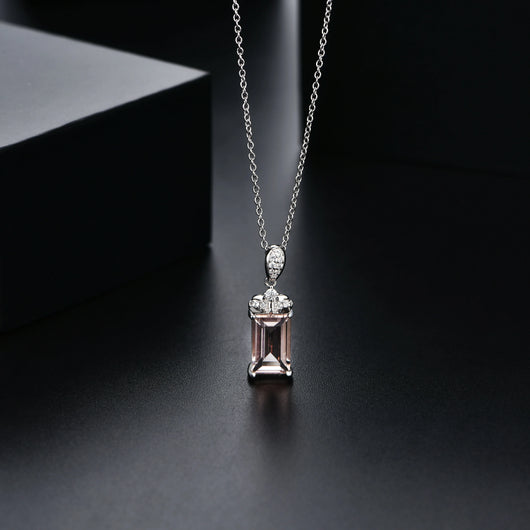 Luxury Baguette Cut 925 Sterling Silver Morganite Necklace