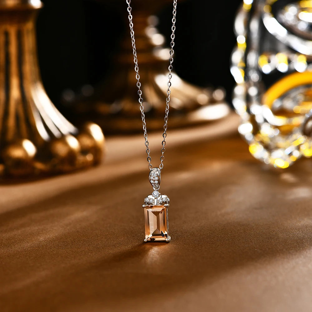 Luxury Baguette Cut 925 Sterling Silver Morganite Necklace